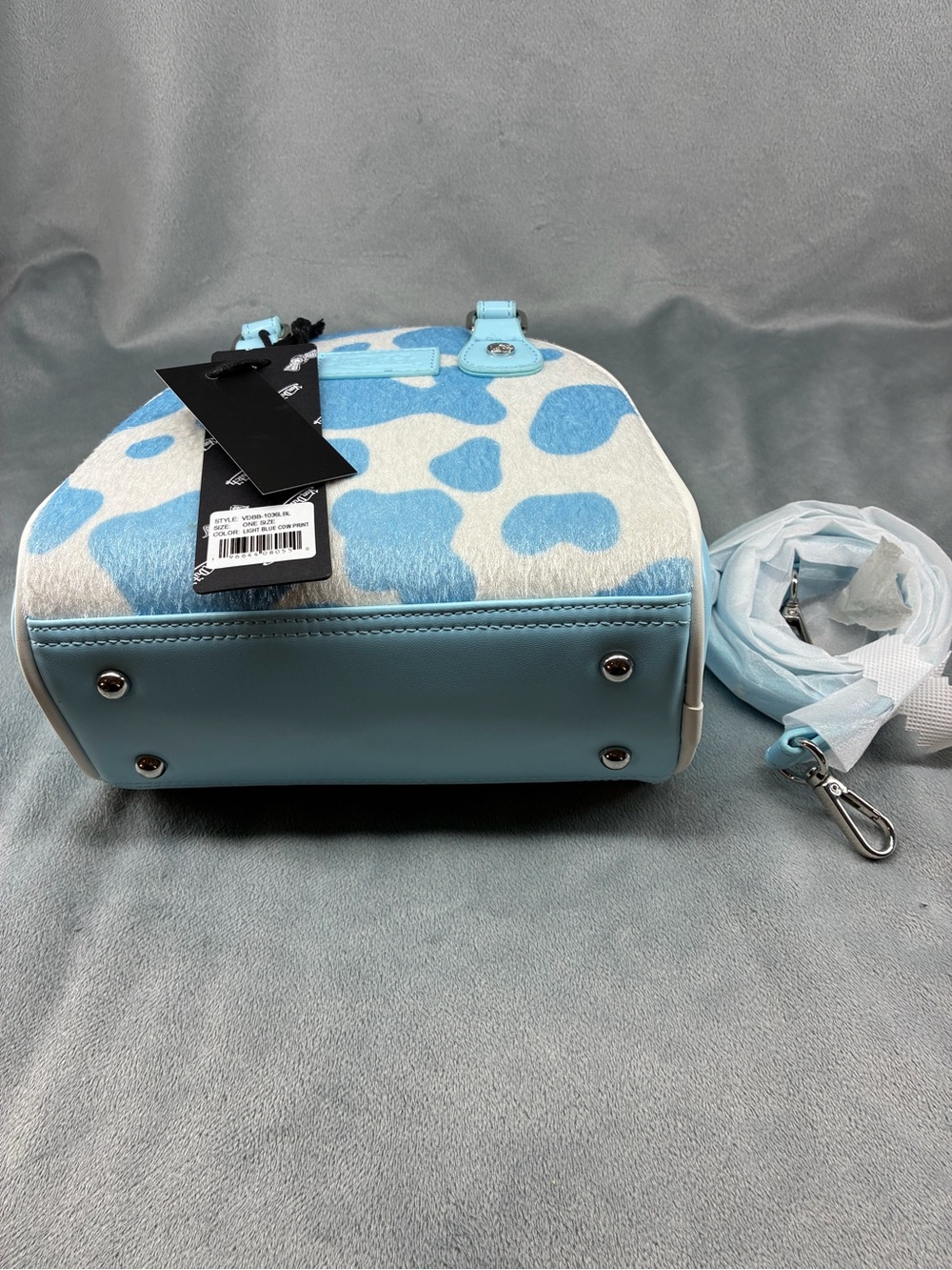 Von Dutch Light Blue & White Cowprint Mini Satchel with Yellow Logo - Picture 6 of 6